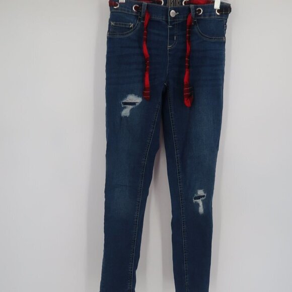 Justice Girls Distressed Skinny Jeans with Plaid Belt Size 14 - Picture 3 of 12